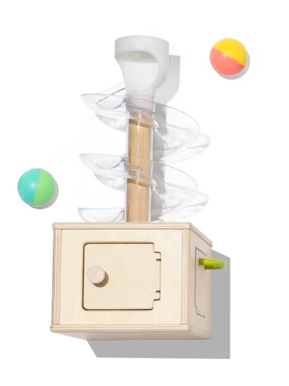 Wooden Ball Drop Tower with Clear Spiral and Green Accent - Kids Learning Toy